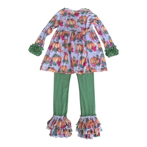 NWOT Pumpkin Leaf Fall Autumn Orange Crush Print Ruffle Top, leggings Set age 10 - Picture 3 of 14